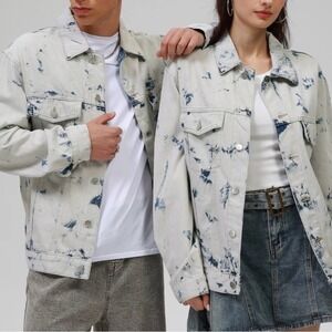 Umgee Unisex Tie Dye Denim Trucker Jacket L Blue White Acid Wash Festival Grunge
